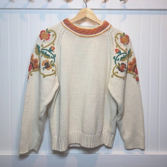 Vintage Sweaters - Vintage Hand Embroidered Floral Crewneck Sweater Women's Cotton Fall